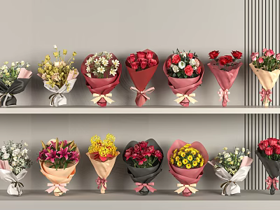 Colorful Flower Bouquets in Vases on Shelves for Home Decor with Various Wrappings 3d model