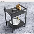 Mobile Two Tier Black Metal Side Table With Food Tray And Tea Set