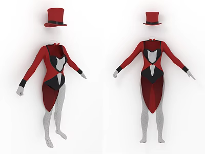 Red And Black Spliced Bodysuit With Long Sleeves And Red Top Hat 3d model