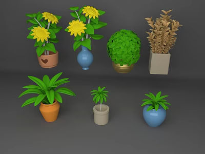 Various Decorative Potted Plants With Yellow Flowers Green Spherical And Brown Leaf In Colorful Pots 3d model
