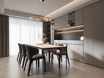 Modern Restaurant Interior With Wooden Dining Table Grey Chairs And Round Pendant Lights 3d model