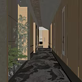 Elegant Elevator Hallway Design With Wooden Paneling Patterned Carpet And Recessed Lighting 3d model