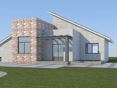 Modern House Exterior Design With Stone Wall Sloped Roof Glass Door And Lawn 3d model