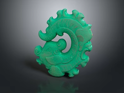 Green Dragon Shaped Jade Like Sculpture With Intricate Patterns And Curled Design 3d model