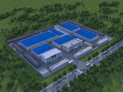 Industrial Factory Complex With Multiple Buildings Blue Roofs And Green Surroundings 3d model