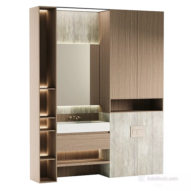 Modern Bathroom Washbasin Vanity With Wooden Cabinets Mirror Lighting And Marble Countertop 3d model 