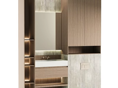 Modern Bathroom Washbasin Vanity With Wooden Cabinets Mirror Lighting And Marble Countertop 3d model