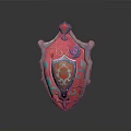Medieval Shield Red And Pink Ornate Design With Lion Emblem Metallic Frame And Floral Patterns