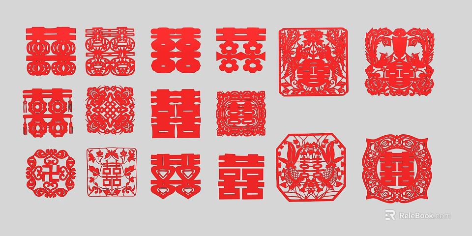 Traditional Chinese Red Paper Cut Wall Decor with Double Happiness Characters and Ornamental Patterns 3d model 