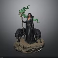 Witch Statue In Black Robe Holding Staff With Green Smoke Two Black Wolves Rock Base