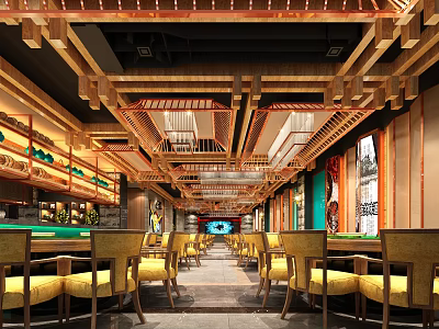 Chinese Style Banquet Hall Interior With Wooden Ceiling Yellow Chairs And Decorative Paintings 3d model