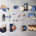 Contemporary Geometric Wall Decor With Blue Gold Beige Brown Metallic And Marble Shapes