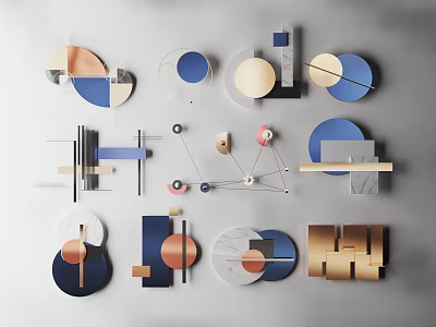 Contemporary Geometric Wall Decor With Blue Gold Beige Brown Metallic And Marble Shapes 3d model