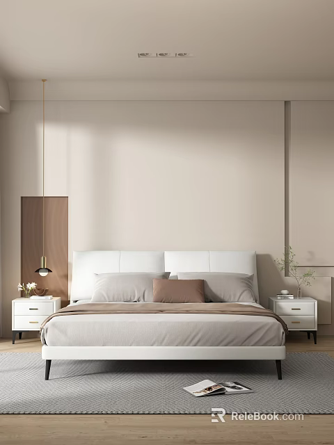 Bedroom Interior With White Headboard Beige Walls Bedside Tables Table Lamp And Plant 3d model 