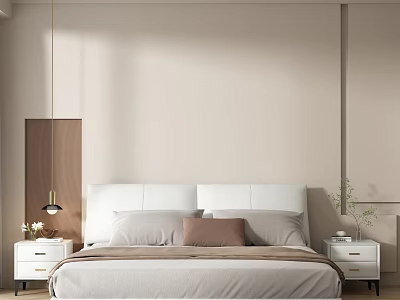 Bedroom Interior With White Headboard Beige Walls Bedside Tables Table Lamp And Plant 3d model