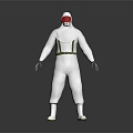 Game Movie Character in White Protective Suit with Red Face Mask Yellow Belt Standing Pose