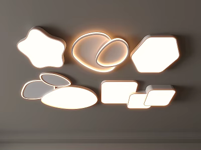Various Shaped White Glowing Ceiling Lights Including Star Heart Hexagon Oval Square on Gray Ceiling 3d model