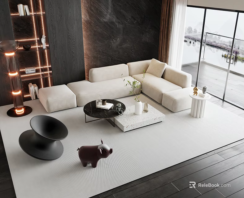 Modern Beige L Shaped Sofa And Black White Coffee Table Set In Living Room 3d model 