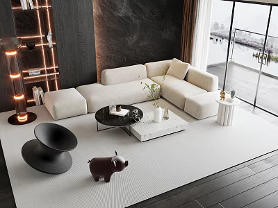 Modern Beige L Shaped Sofa And Black White Coffee Table Set In Living Room 3d model