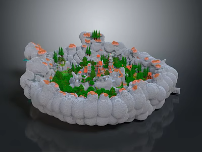 Picturesque White Circular Rock Landscape With Lush Green Vegetation Orange Accents And Small Towers 3d model
