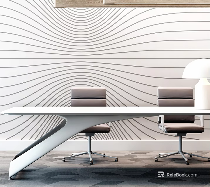 Modern Office Desk Setup With Wavy Line Wall Two Gray Chairs And White Table Lamp 3d model 