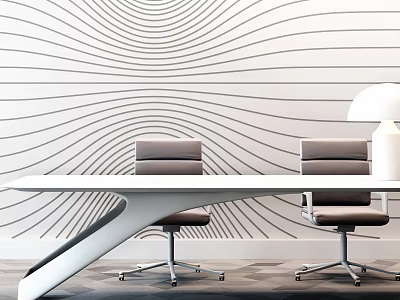 Modern Office Desk Setup With Wavy Line Wall Two Gray Chairs And White Table Lamp 3d model