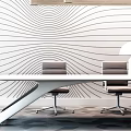 Modern Office Desk Setup With Wavy Line Wall Two Gray Chairs And White Table Lamp