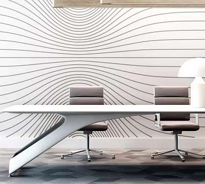 Modern Office Desk Setup With Wavy Line Wall Two Gray Chairs And White Table Lamp 3d model