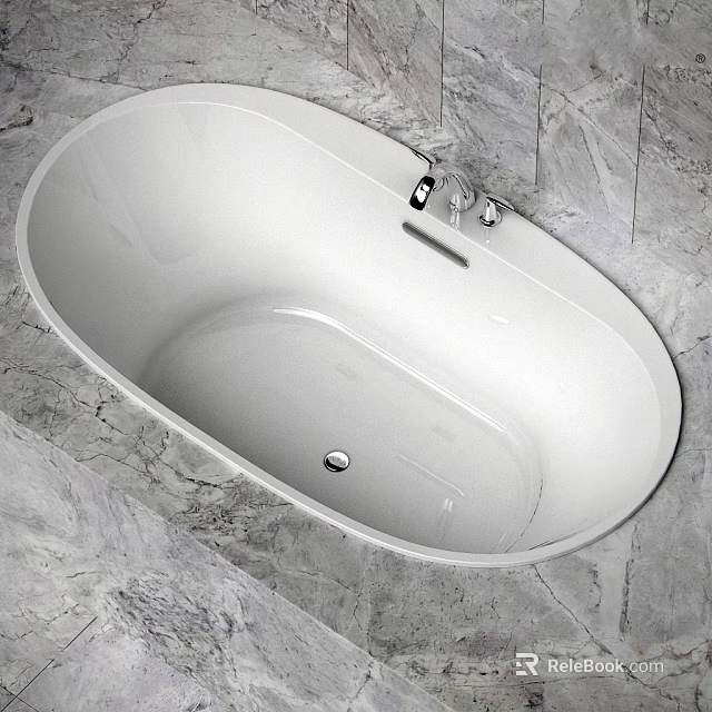 Sleek White Bathtub In Modern Bathroom With Grey Marble Walls And Chrome Faucet 3d model 