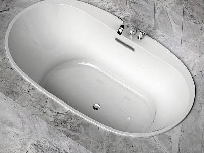 Sleek White Bathtub In Modern Bathroom With Grey Marble Walls And Chrome Faucet 3d model