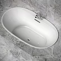 Sleek White Bathtub In Modern Bathroom With Grey Marble Walls And Chrome Faucet