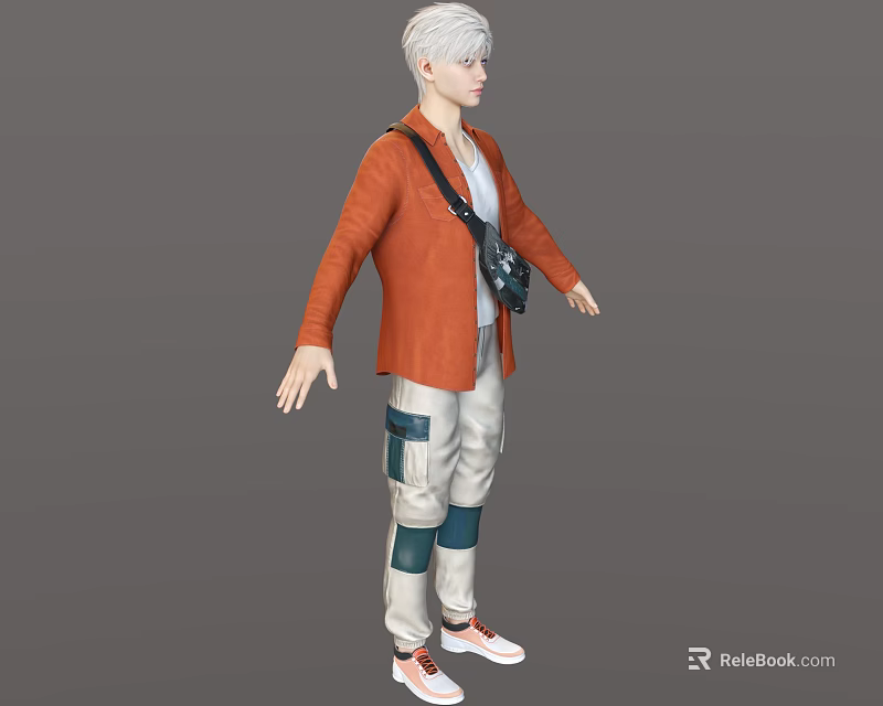 Man in Orange Jacket White Pants with Blue Patches Black Backpack and Orange Sneakers 3d model 