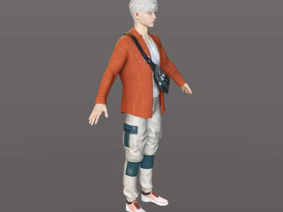 Man in Orange Jacket White Pants with Blue Patches Black Backpack and Orange Sneakers 3d model