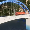Blue Arch Bridge With Red Train Crossing Over Mountain River 3d model