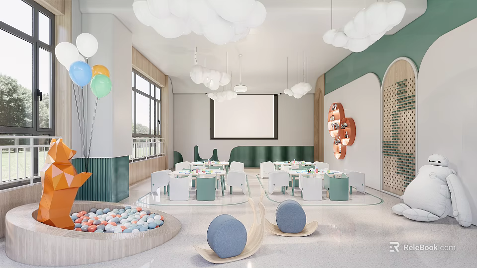 Cheerful Kindergarten Interior With White Balloons Green Walls Arched Doors Projection Screen And Colorful Chairs 3d model 