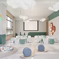 Cheerful Kindergarten Interior With White Balloons Green Walls Arched Doors Projection Screen And Colorful Chairs