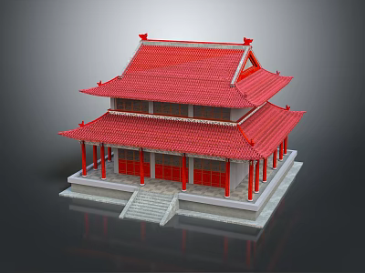 Two Story Ancient Chinese Traditional Building With Red Tile Roof Overhanging Eaves And Stone Steps 3d model