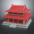 Two Story Ancient Chinese Traditional Building With Red Tile Roof Overhanging Eaves And Stone Steps