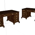 Vintage Wooden Desks With Multiple Drawers Ornate Carved Details And Dark Brown Finish