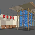 Illuminated Museum Exhibition Hall With Glass Display Cases Showing Traditional Blue White Textiles