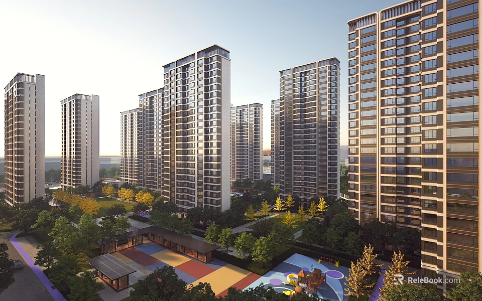 Aerial Planning of Modern Residential Community With High Rise Buildings Green Areas and Playground Spaces 3d model 
