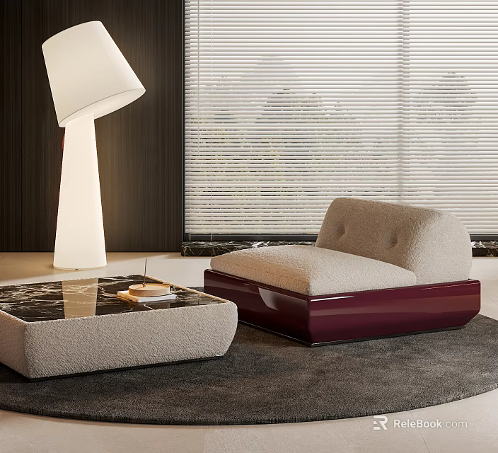 Modern Single Seater Sofa with Beige Cushion Red Base Marble Coffee Table and Floor Lamp 3d model 