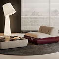 Modern Single Seater Sofa with Beige Cushion Red Base Marble Coffee Table and Floor Lamp