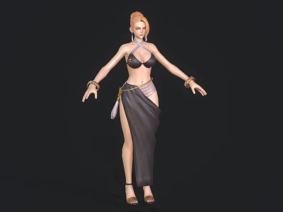 Woman Standing With Blonde Hair In Black High Slit Dress Bikini Top And Gold Bracelets 3d model