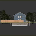 Blue Detached House With Black Roof Solar Panels Green Lawn And Trees
