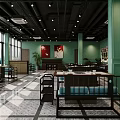 Modern Restaurant Interior With Green Walls Large Windows And Wooden Blue Seats