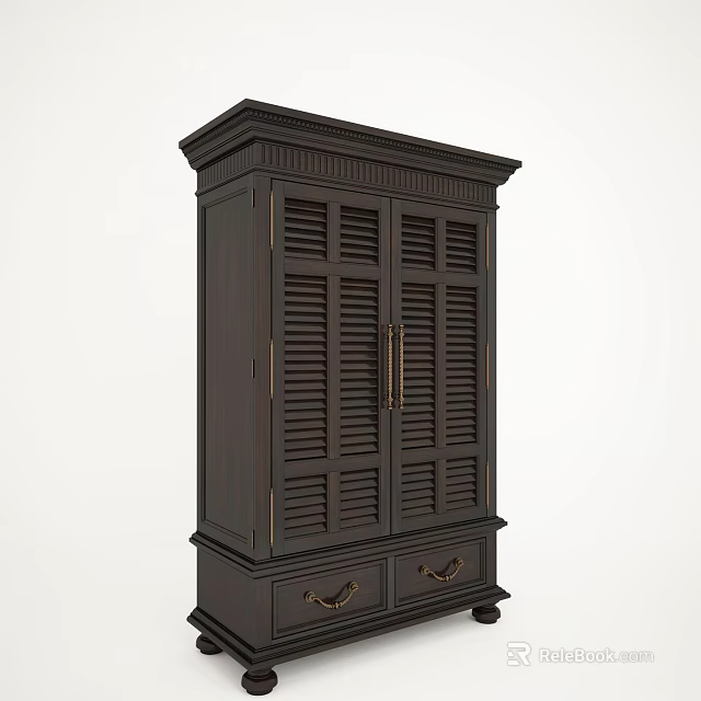 Classic Dark Wooden Wardrobe Design With Louvered Doors Metal Handles And Bottom Drawers 3d model 