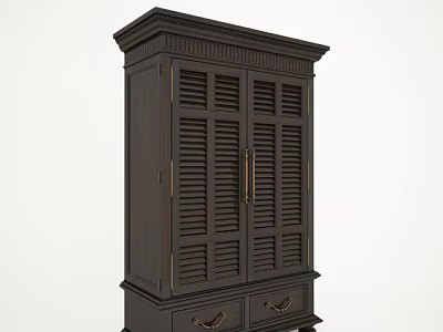 Classic Dark Wooden Wardrobe Design With Louvered Doors Metal Handles And Bottom Drawers 3d model