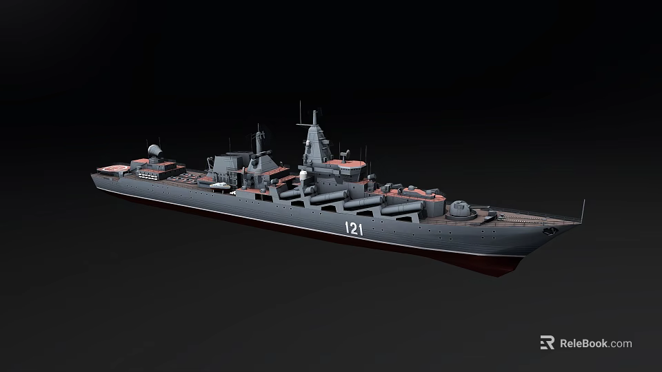 Gray Painted Warship With Number 121 Deck Antennas And Weapon Systems 3d model 