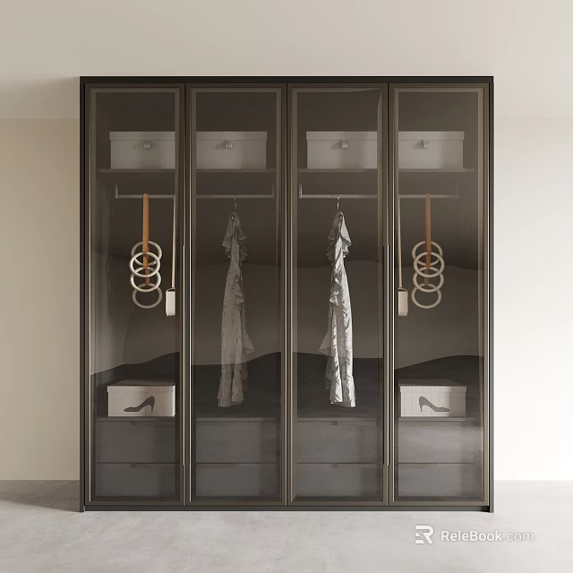 Modern Wardrobe with Glass Doors Featuring Hanging Area Drawers Shoes and Metal Handles 3d model 